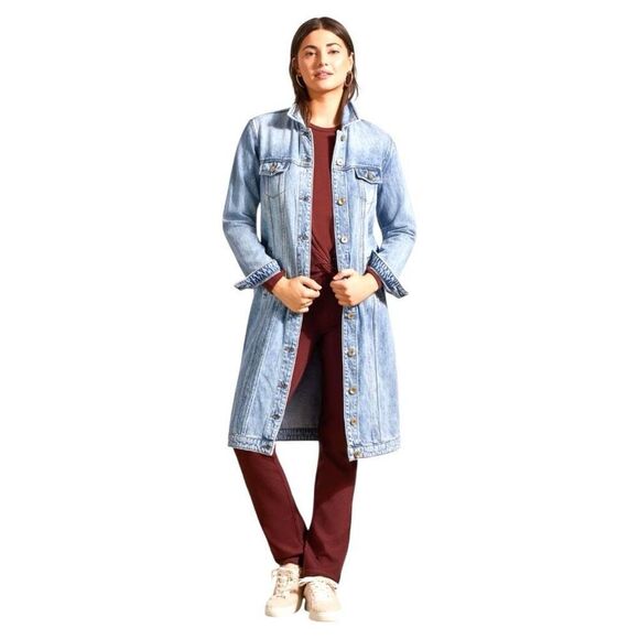 Tribal Jeans Long Denim Duster Button Up Jacket in Washed Blue Sz Small - Picture 1 of 12